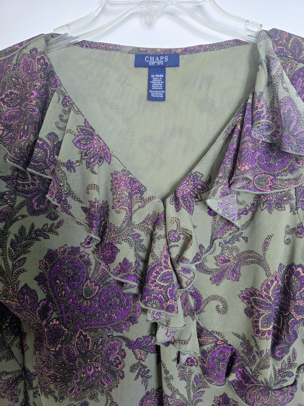 Like New Chaps Women's Olive Green & Purple Floral V-Neck Ruffle Top Women's XL - Picture 4 of 14